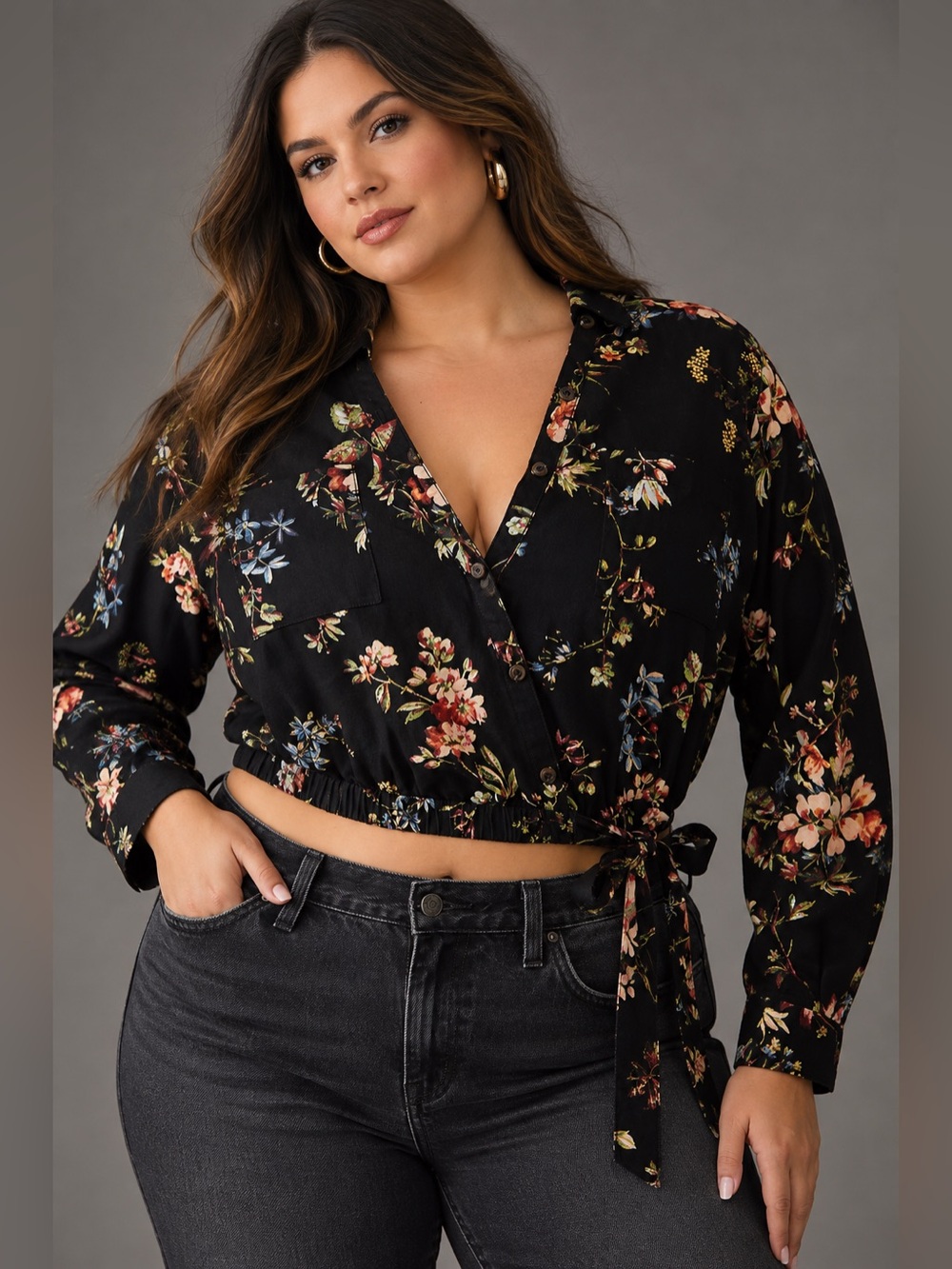 Pilcro Floral Cropped Tie Waist Linen Blouse Black Large FLAW